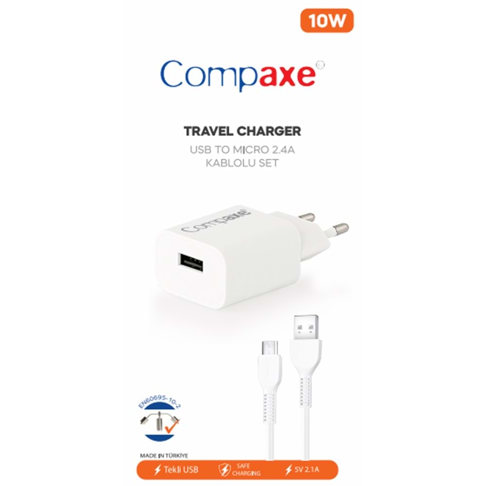 COMPAXE CTA-521UMB24 10W 5V 2.1A TEK USB + USB TO MICRO 2.4A KABLOLU SET BEYAZ