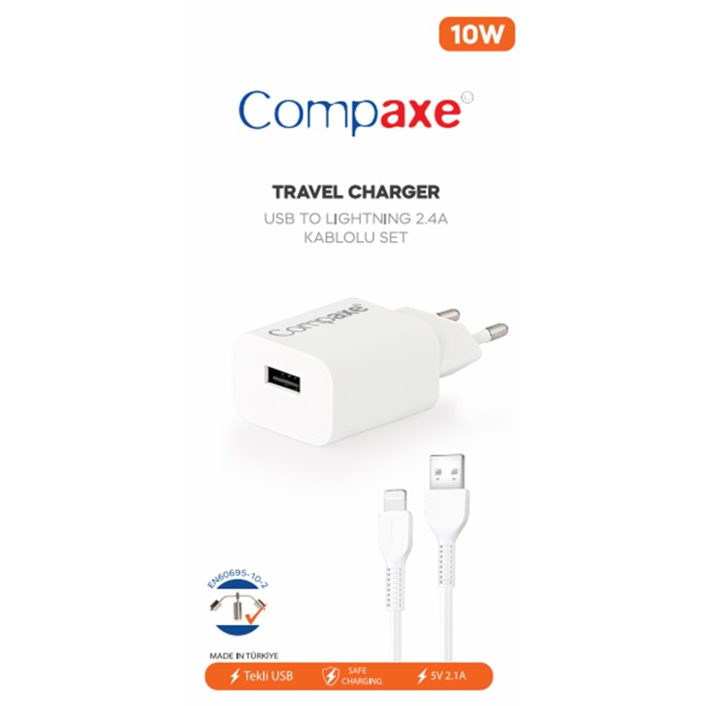 COMPAXE CTA-521ULB24 10W 5V 2.1A TEK USB + USB TO LIGHTNING 2.4A KABLOLU SET BEYAZ