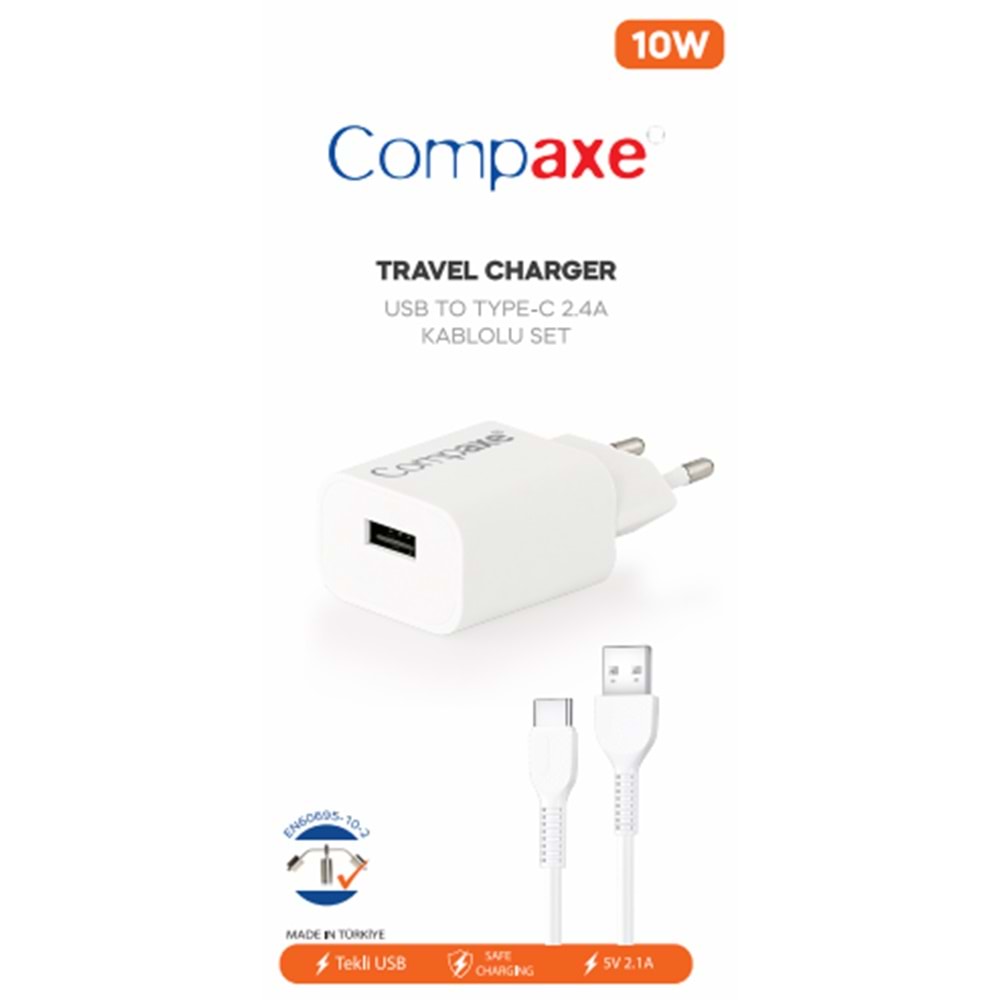 COMPAXE CTA-521UTB24 10W 5V 2.1A TEK USB + USB TO TYPE C 2.4A KABLOLU SET BEYAZ
