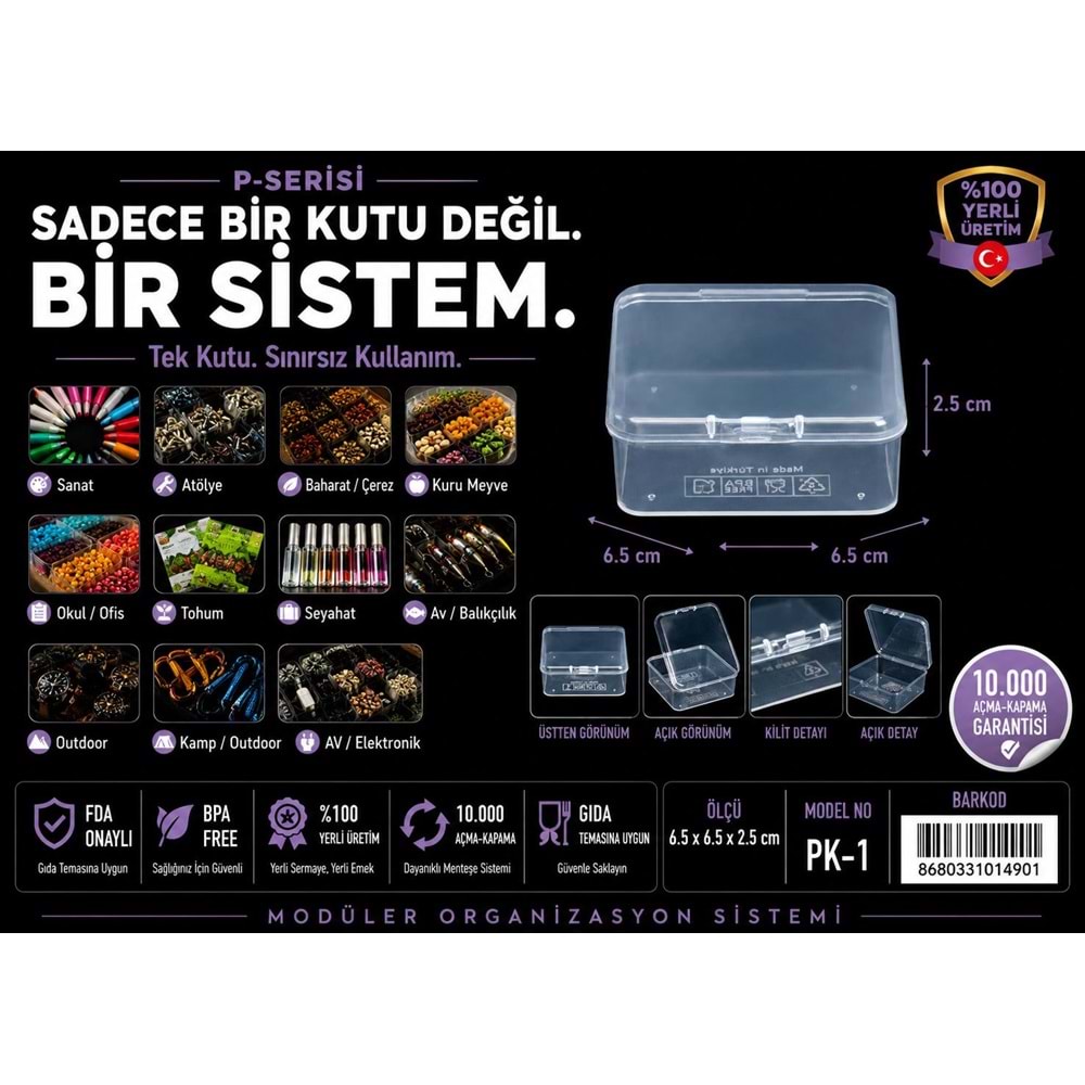 P-SERİSİ PK-1 PLASTİK KÜÇÜK KUTU ( 6.5X 6.5X 2.5 CM )
