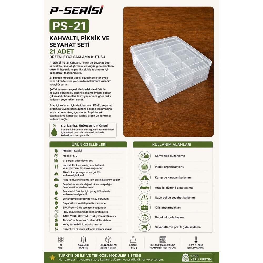 P-SERİSİ PS-21 21 KÜÇÜK 1 BÜYÜK KAHVALTI, PİKNİK VE SEYAHAT SETİ