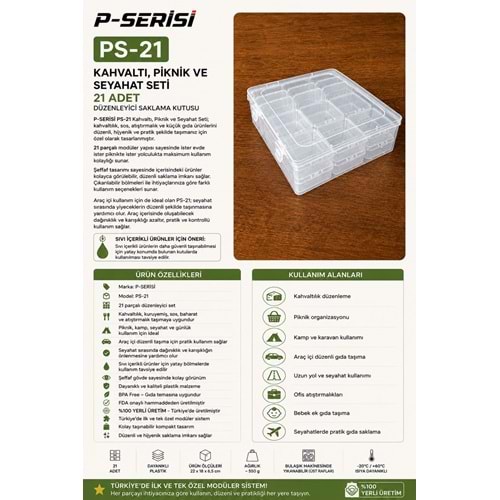 P-SERİSİ PS-21 21 KÜÇÜK 1 BÜYÜK KAHVALTI, PİKNİK VE SEYAHAT SETİ